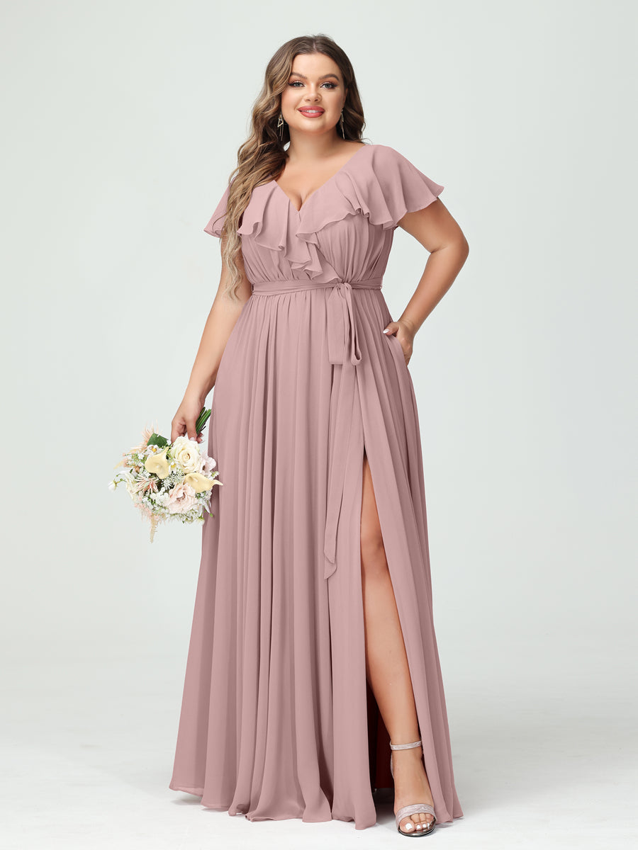 A-Line/Princess V-Neck Short Sleeves Chiffon Ruffles Plus Size Bridesmaid Dresses With Pockets - 画像 (30)