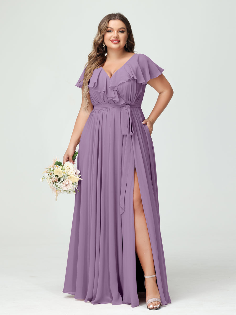 A-Line/Princess V-Neck Short Sleeves Chiffon Ruffles Plus Size Bridesmaid Dresses With Pockets - 画像 (40)