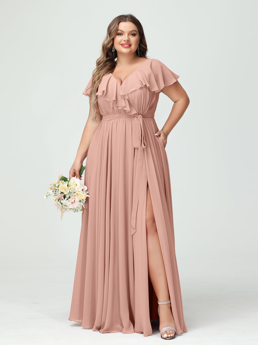 A-Line/Princess V-Neck Short Sleeves Chiffon Ruffles Plus Size Bridesmaid Dresses With Pockets - 画像 (7)