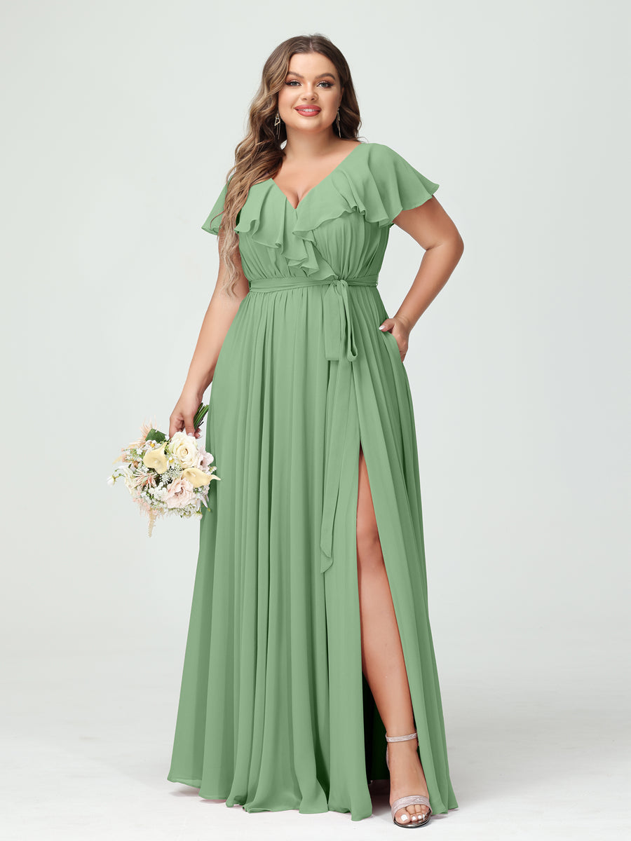 A-Line/Princess V-Neck Short Sleeves Chiffon Ruffles Plus Size Bridesmaid Dresses With Pockets - 画像 (16)