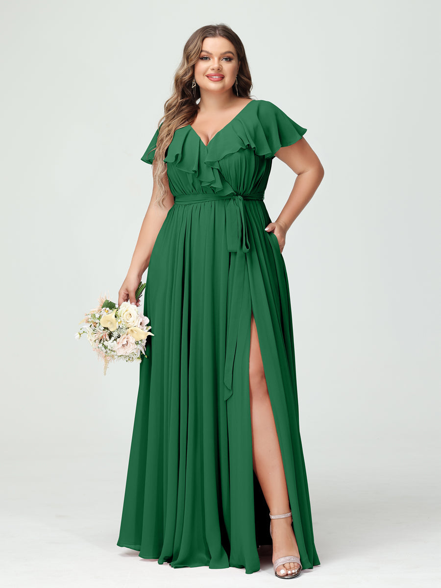 A-Line/Princess V-Neck Short Sleeves Chiffon Ruffles Plus Size Bridesmaid Dresses With Pockets - 画像 (67)