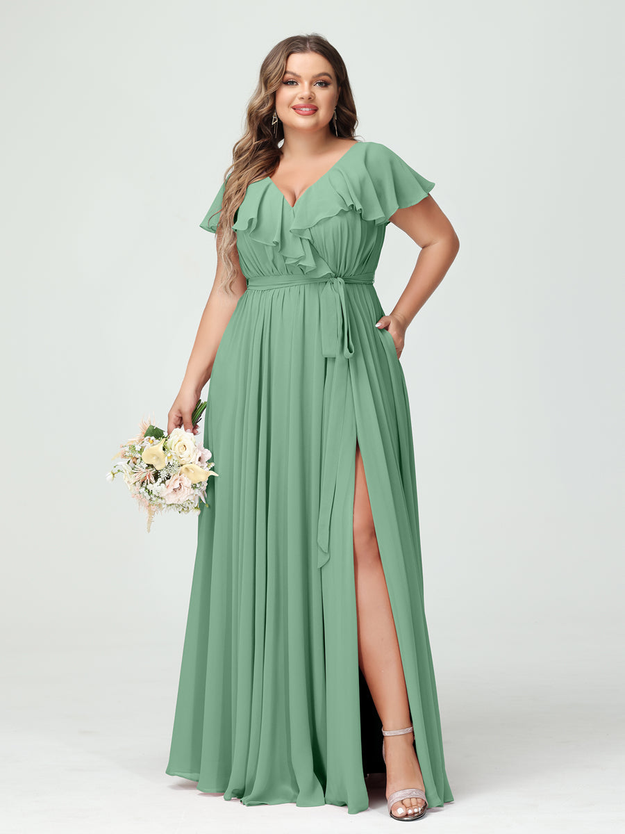 A-Line/Princess V-Neck Short Sleeves Chiffon Ruffles Plus Size Bridesmaid Dresses With Pockets - 画像 (17)