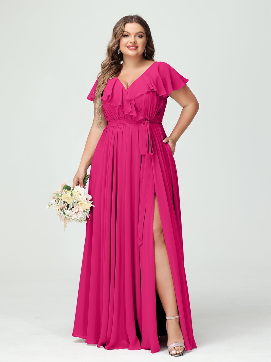 A-Line/Princess V-Neck Short Sleeves Chiffon Ruffles Plus Size Bridesmaid Dresses With Pockets - 画像 (34)