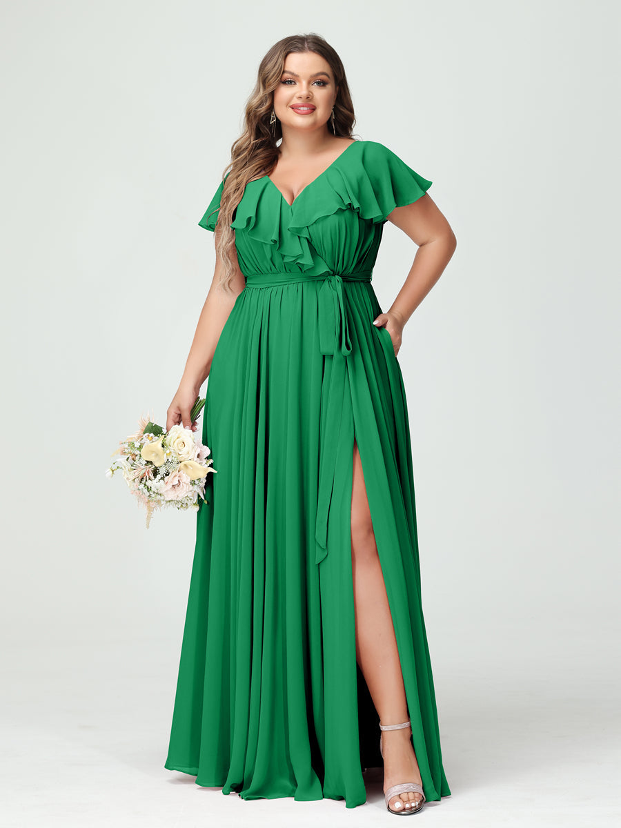 A-Line/Princess V-Neck Short Sleeves Chiffon Ruffles Plus Size Bridesmaid Dresses With Pockets - 画像 (64)