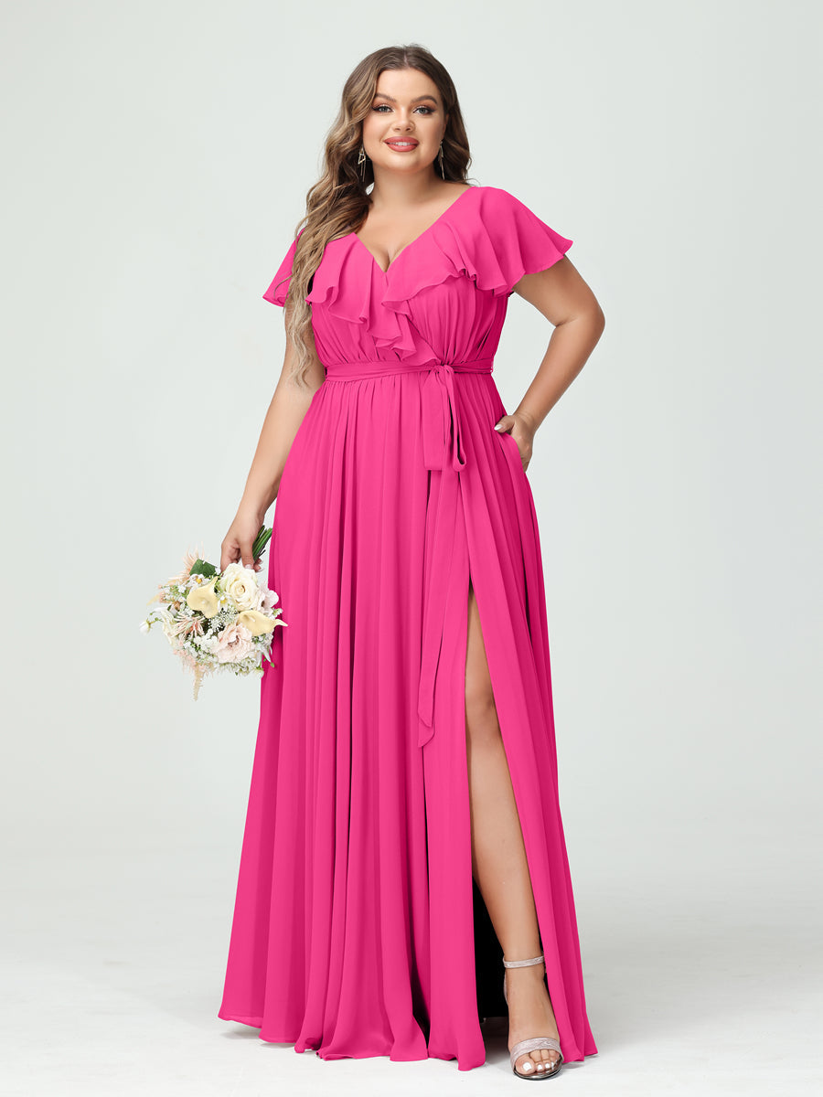 A-Line/Princess V-Neck Short Sleeves Chiffon Ruffles Plus Size Bridesmaid Dresses With Pockets - 画像 (33)