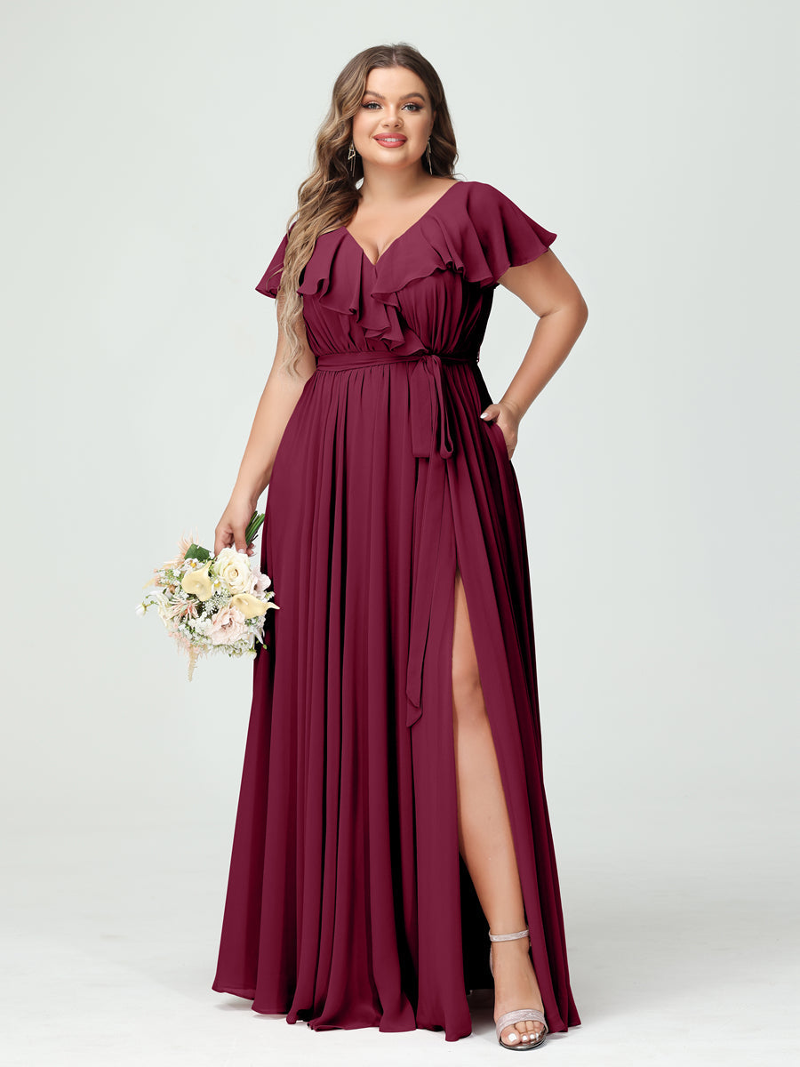 A-Line/Princess V-Neck Short Sleeves Chiffon Ruffles Plus Size Bridesmaid Dresses With Pockets - 画像 (38)