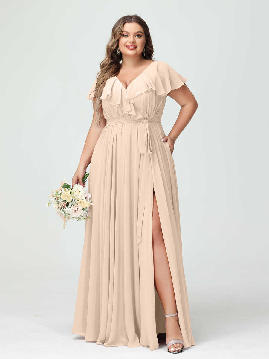 A-Line/Princess V-Neck Short Sleeves Chiffon Ruffles Plus Size Bridesmaid Dresses With Pockets - 画像 (23)