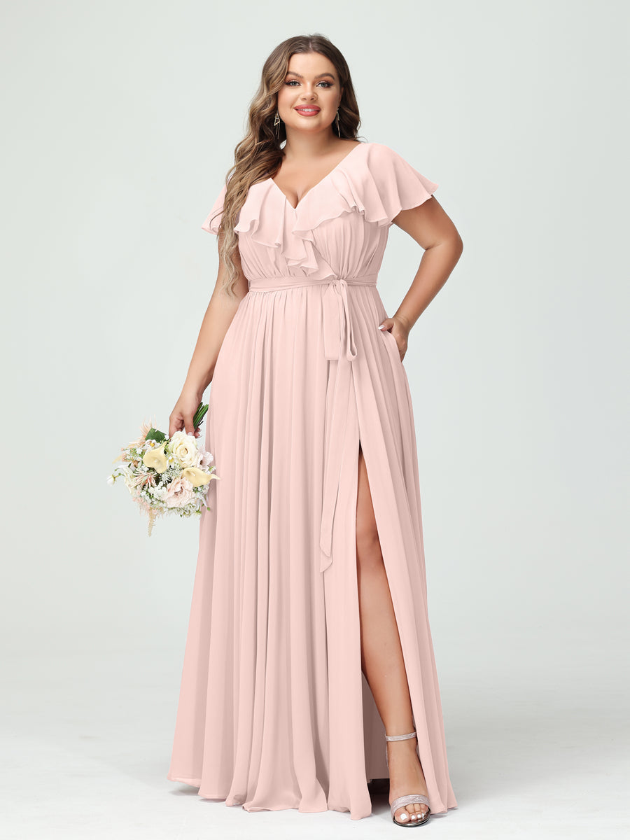 A-Line/Princess V-Neck Short Sleeves Chiffon Ruffles Plus Size Bridesmaid Dresses With Pockets - 画像 (27)