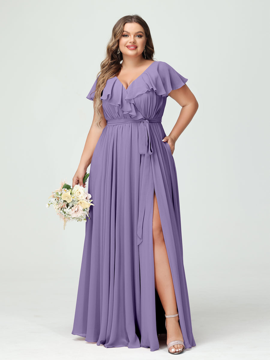 A-Line/Princess V-Neck Short Sleeves Chiffon Ruffles Plus Size Bridesmaid Dresses With Pockets - 画像 (41)