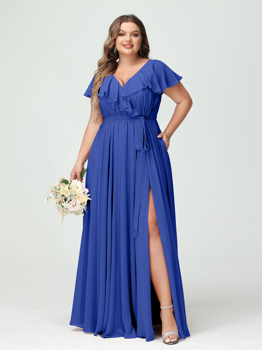 A-Line/Princess V-Neck Short Sleeves Chiffon Ruffles Plus Size Bridesmaid Dresses With Pockets - 画像 (54)