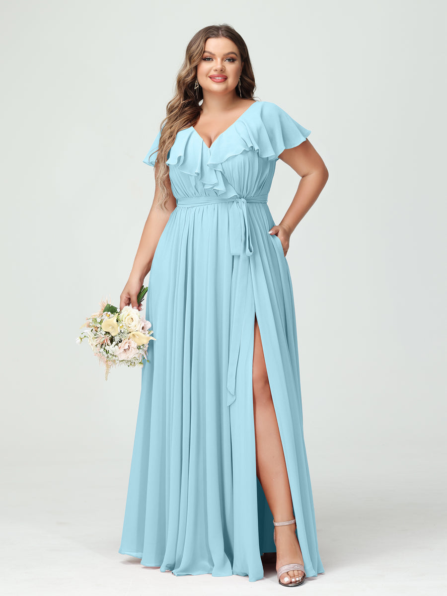 A-Line/Princess V-Neck Short Sleeves Chiffon Ruffles Plus Size Bridesmaid Dresses With Pockets - 画像 (49)