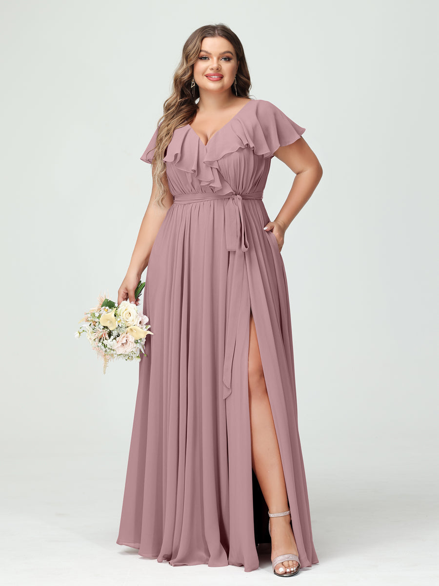 A-Line/Princess V-Neck Short Sleeves Chiffon Ruffles Plus Size Bridesmaid Dresses With Pockets - 画像 (31)