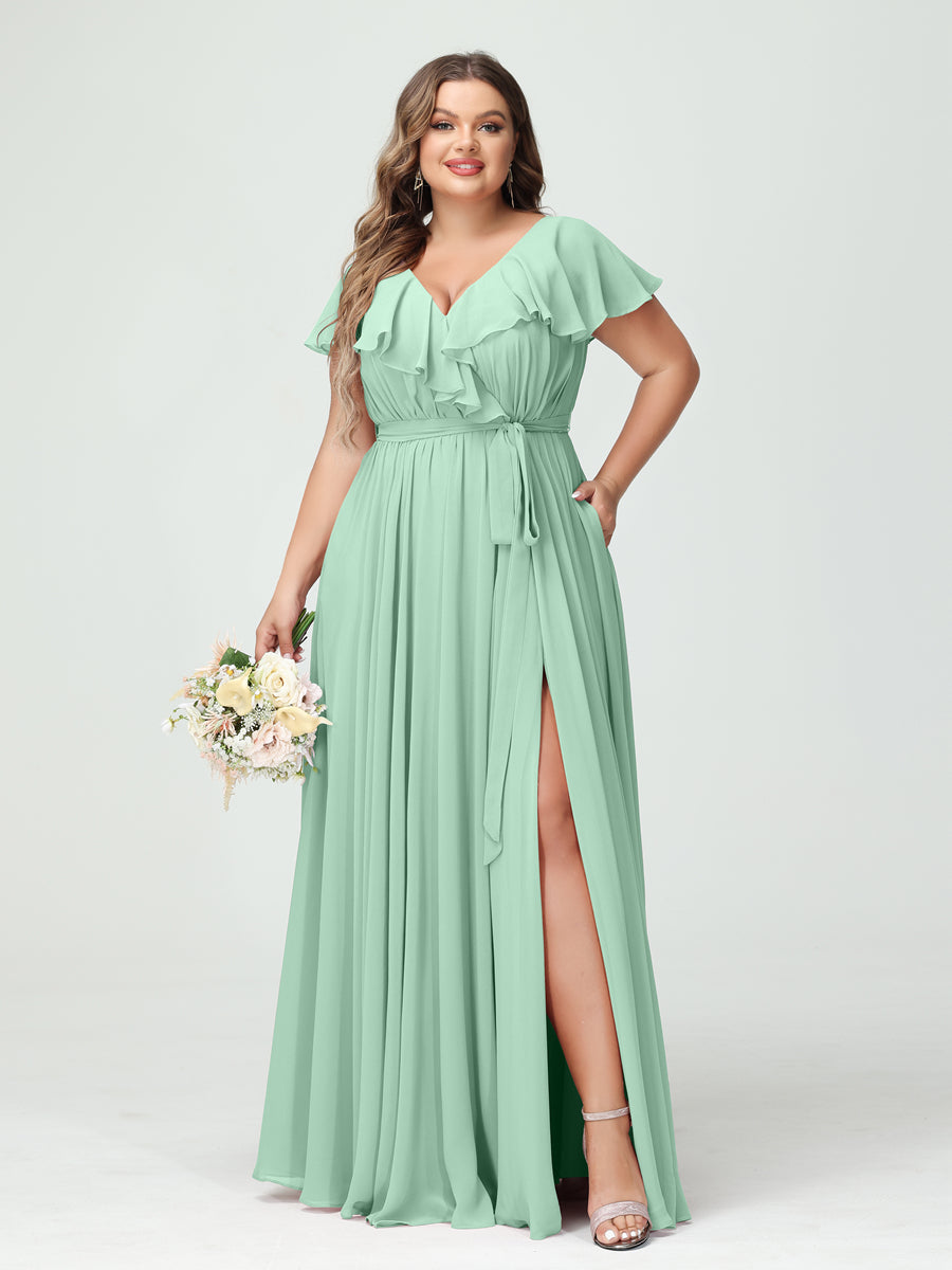 A-Line/Princess V-Neck Short Sleeves Chiffon Ruffles Plus Size Bridesmaid Dresses With Pockets - 画像 (61)