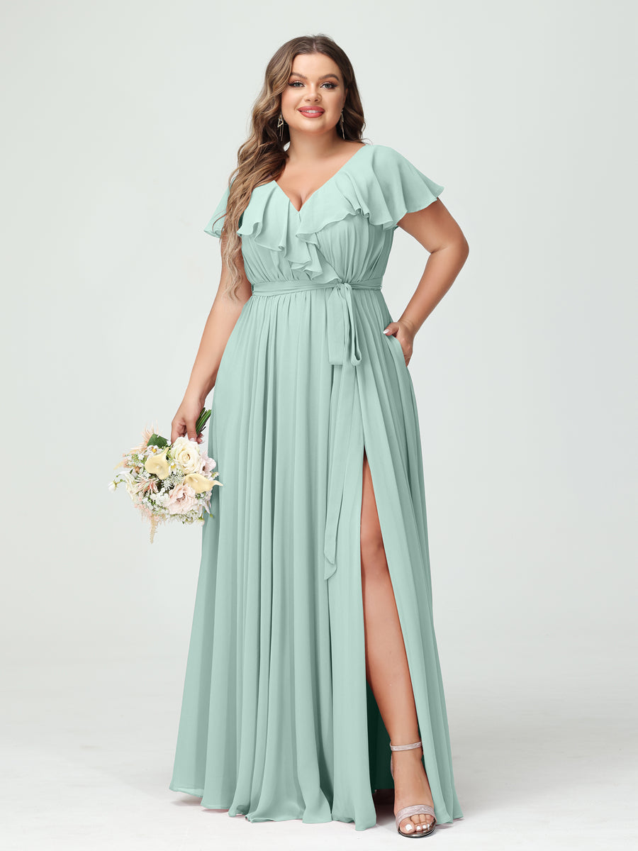 A-Line/Princess V-Neck Short Sleeves Chiffon Ruffles Plus Size Bridesmaid Dresses With Pockets - 画像 (60)