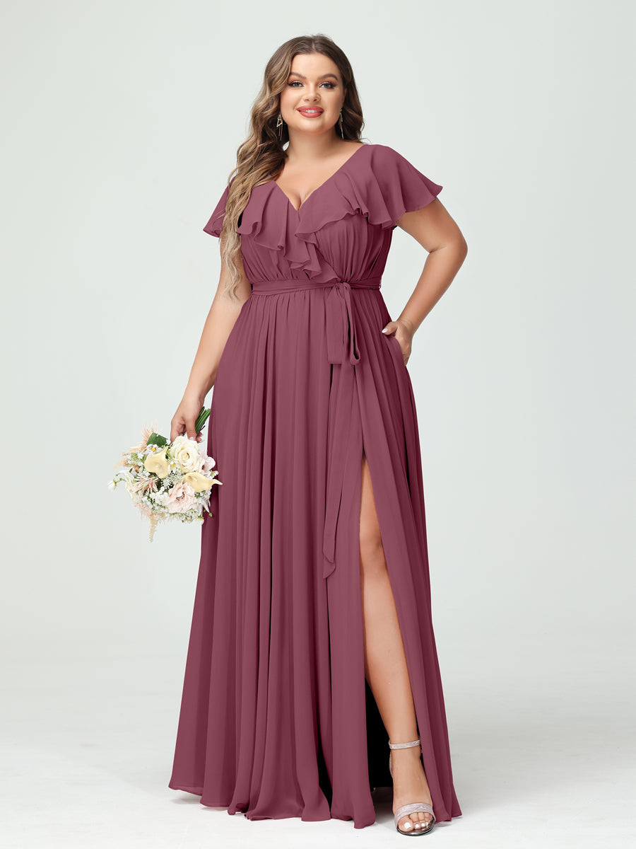 A-Line/Princess V-Neck Short Sleeves Chiffon Ruffles Plus Size Bridesmaid Dresses With Pockets - 画像 (43)