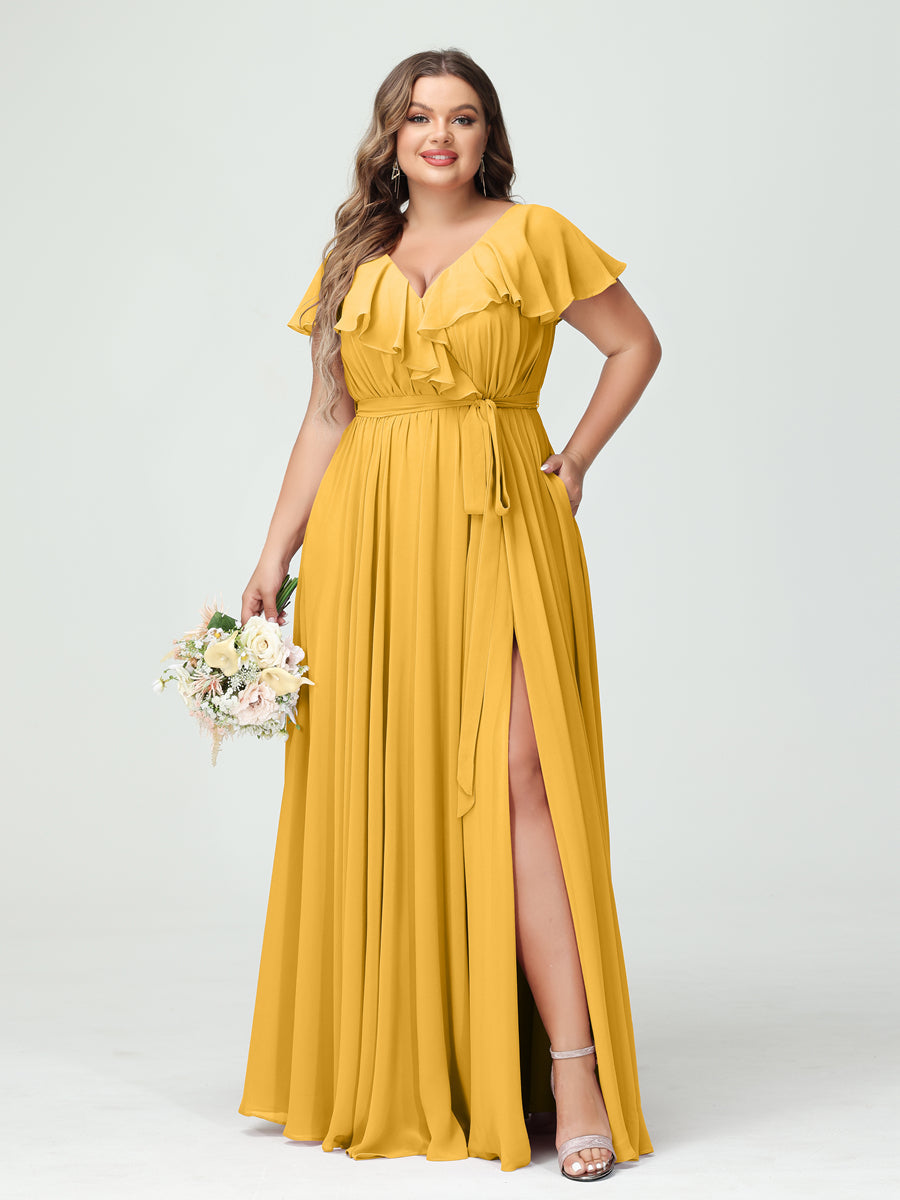 A-Line/Princess V-Neck Short Sleeves Chiffon Ruffles Plus Size Bridesmaid Dresses With Pockets - 画像 (70)