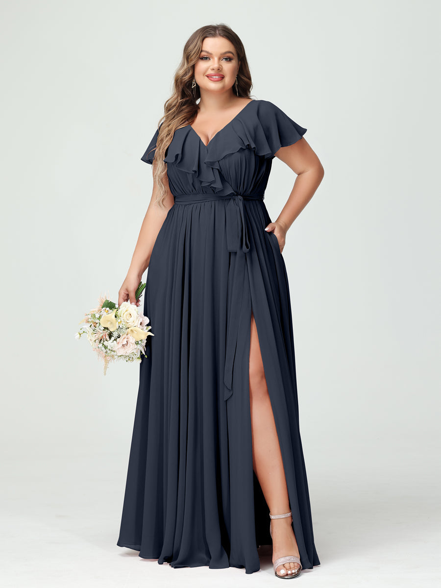 A-Line/Princess V-Neck Short Sleeves Chiffon Ruffles Plus Size Bridesmaid Dresses With Pockets - 画像 (59)