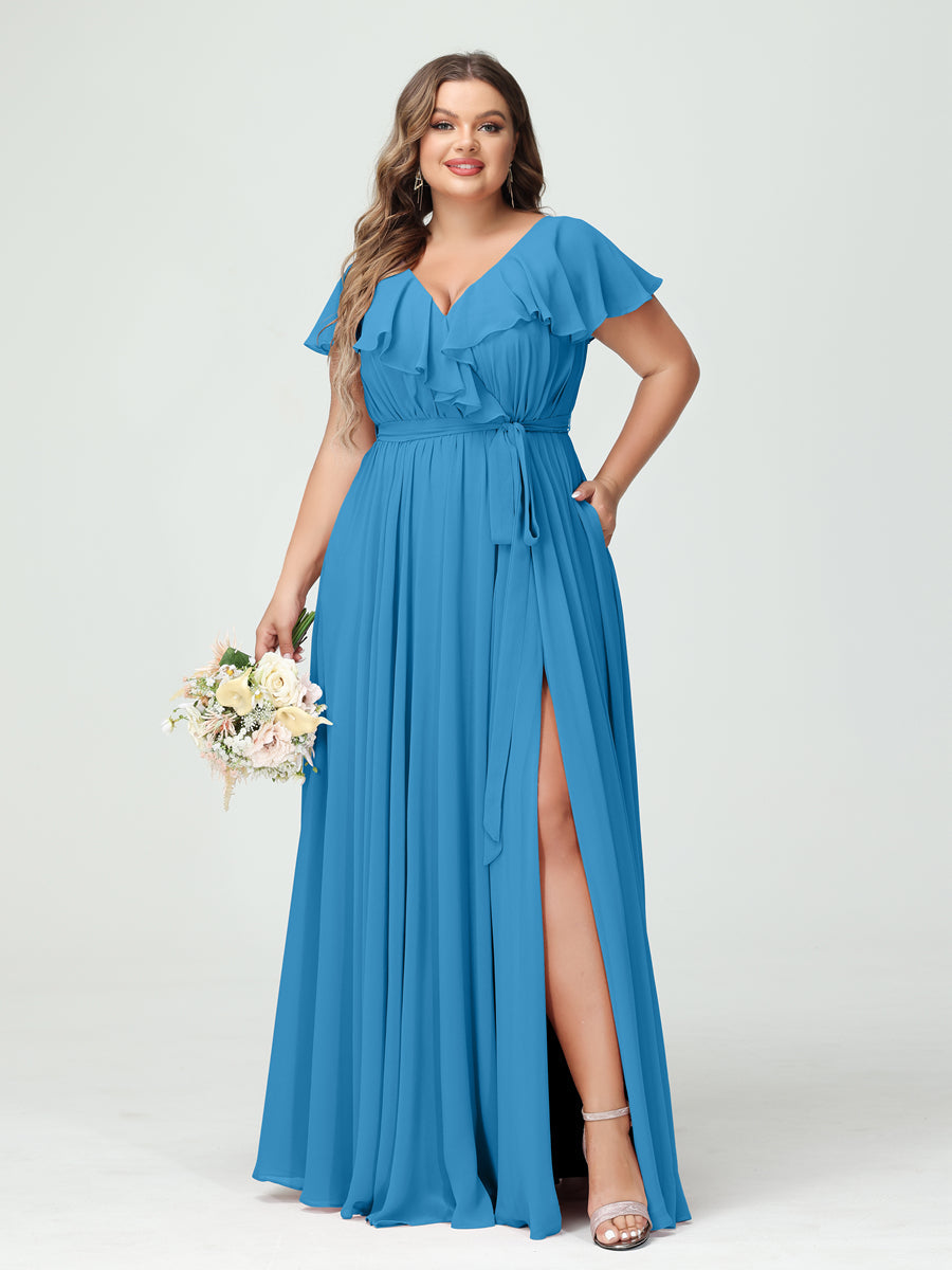 A-Line/Princess V-Neck Short Sleeves Chiffon Ruffles Plus Size Bridesmaid Dresses With Pockets - 画像 (53)
