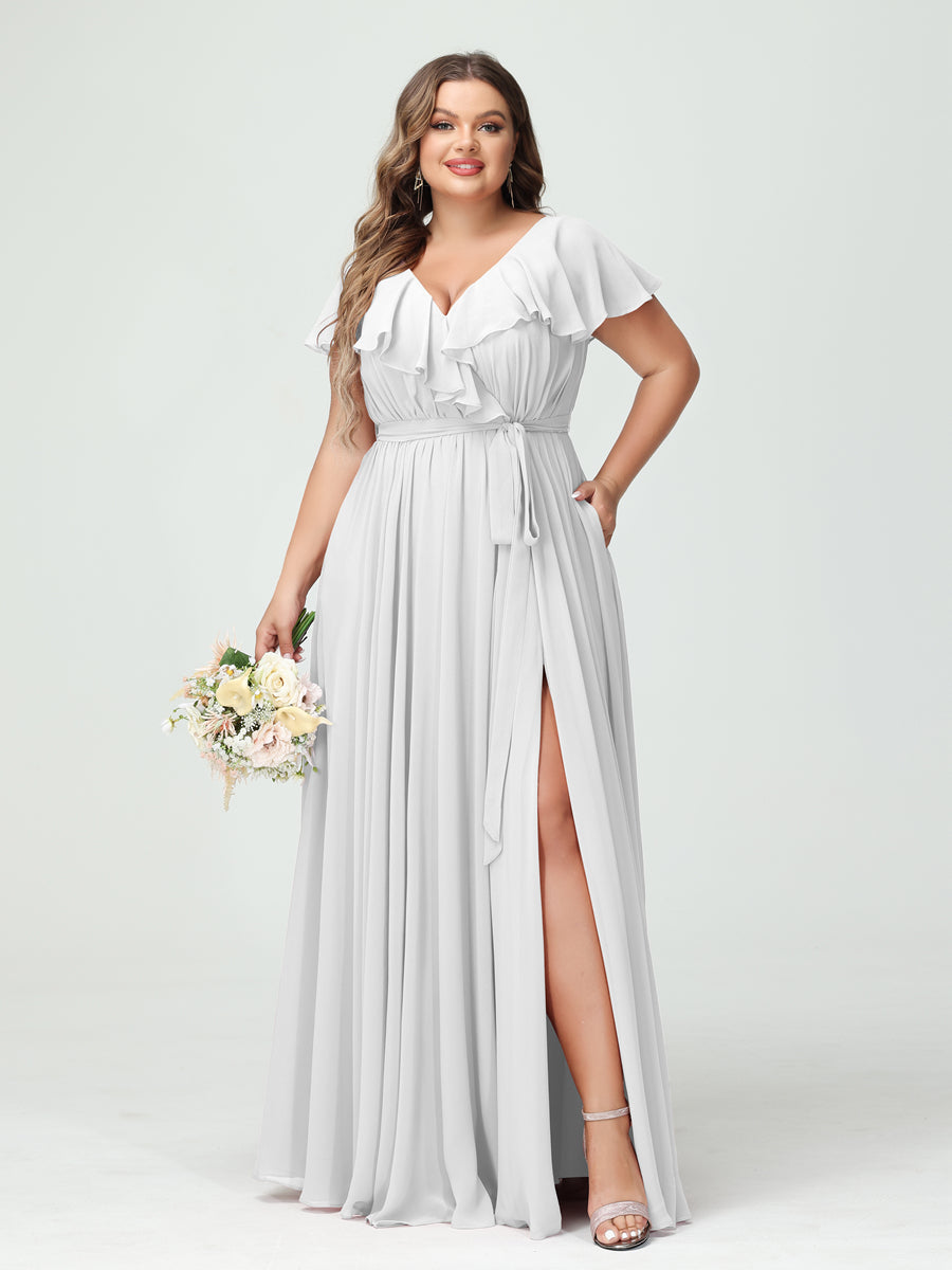A-Line/Princess V-Neck Short Sleeves Chiffon Ruffles Plus Size Bridesmaid Dresses With Pockets - 画像 (20)