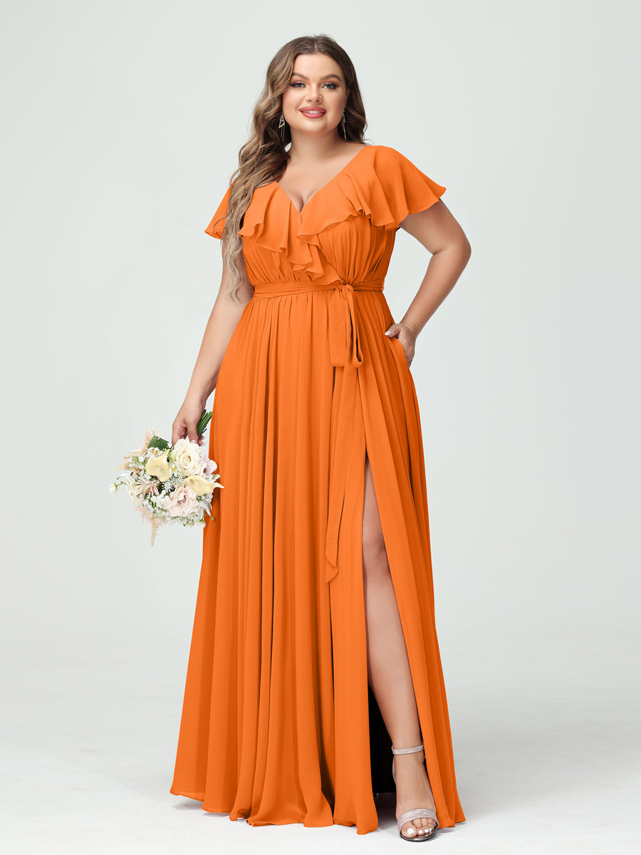 A-Line/Princess V-Neck Short Sleeves Chiffon Ruffles Plus Size Bridesmaid Dresses With Pockets - 画像 (72)