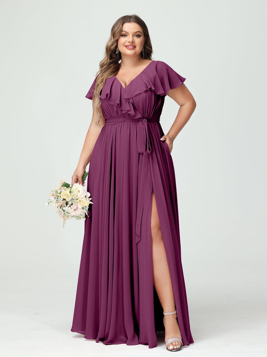 A-Line/Princess V-Neck Short Sleeves Chiffon Ruffles Plus Size Bridesmaid Dresses With Pockets - 画像 (44)
