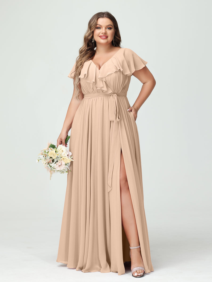A-Line/Princess V-Neck Short Sleeves Chiffon Ruffles Plus Size Bridesmaid Dresses With Pockets - 画像 (29)
