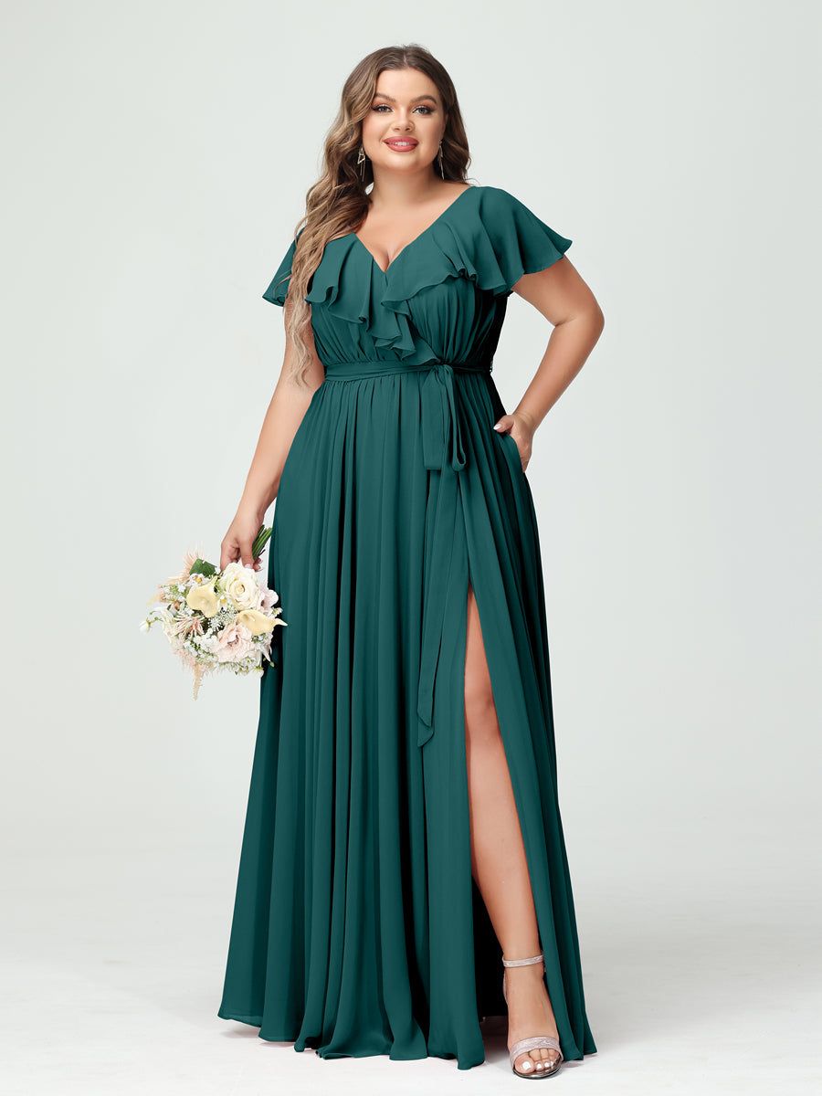 A-Line/Princess V-Neck Short Sleeves Chiffon Ruffles Plus Size Bridesmaid Dresses With Pockets - 画像 (66)