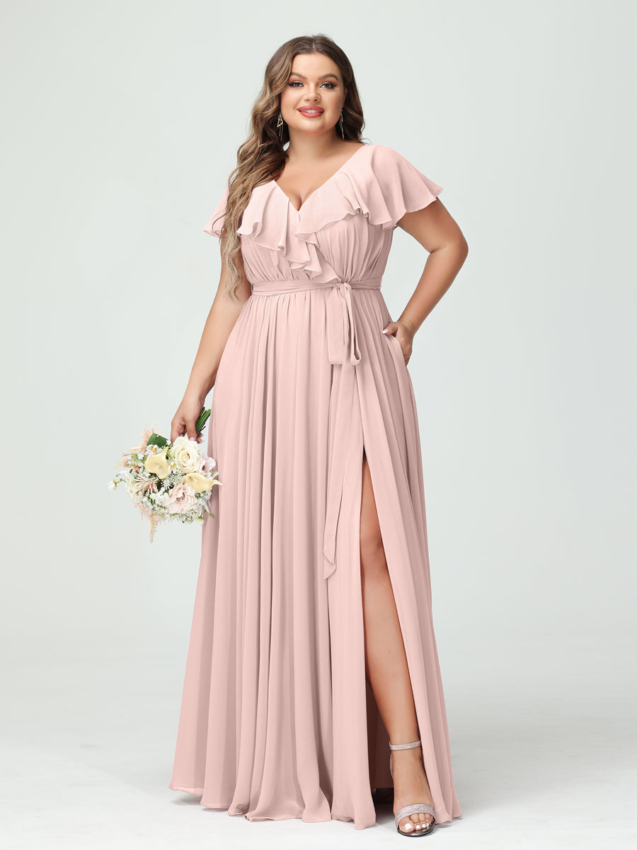 A-Line/Princess V-Neck Short Sleeves Chiffon Ruffles Plus Size Bridesmaid Dresses With Pockets - 画像 (26)