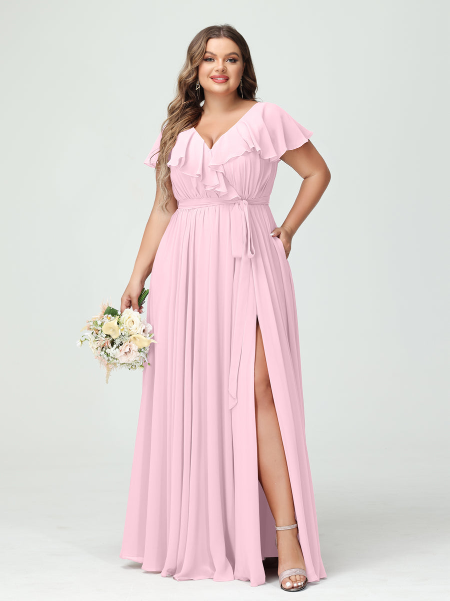 A-Line/Princess V-Neck Short Sleeves Chiffon Ruffles Plus Size Bridesmaid Dresses With Pockets - 画像 (25)