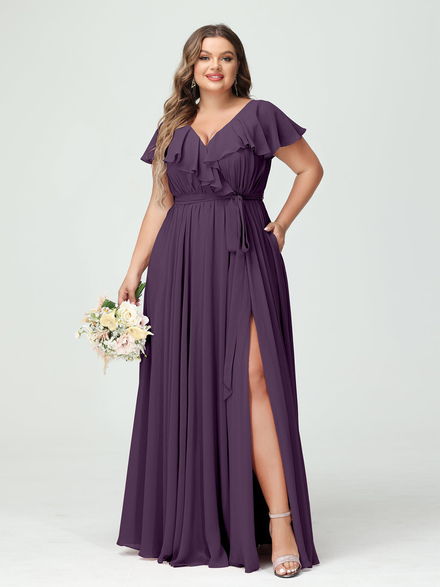 A-Line/Princess V-Neck Short Sleeves Chiffon Ruffles Plus Size Bridesmaid Dresses With Pockets - 画像 (46)