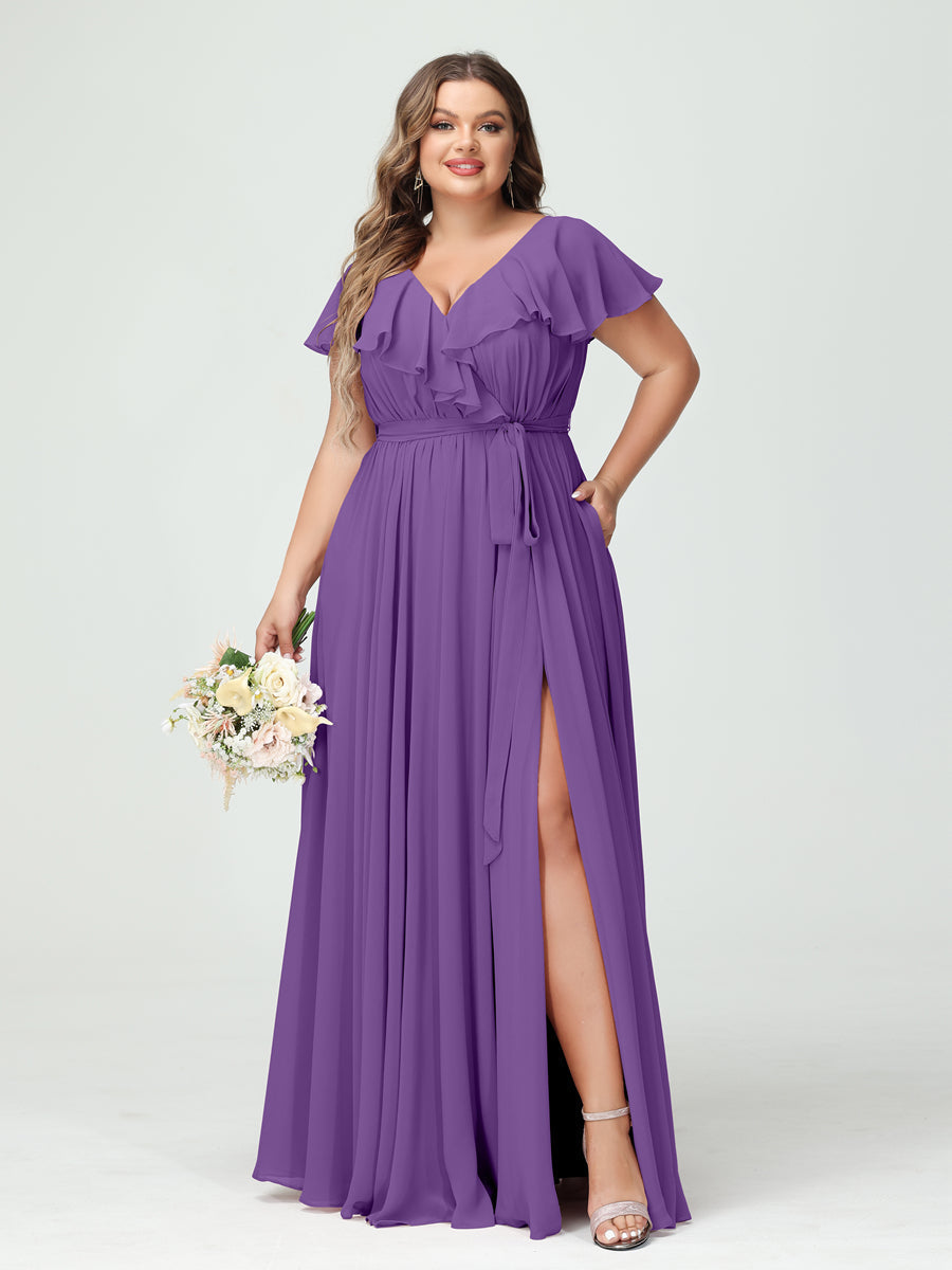 A-Line/Princess V-Neck Short Sleeves Chiffon Ruffles Plus Size Bridesmaid Dresses With Pockets - 画像 (42)