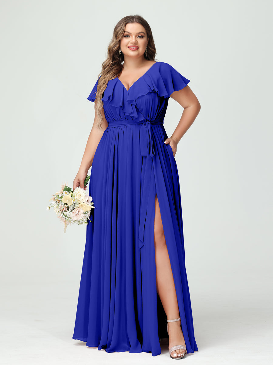 A-Line/Princess V-Neck Short Sleeves Chiffon Ruffles Plus Size Bridesmaid Dresses With Pockets - 画像 (55)