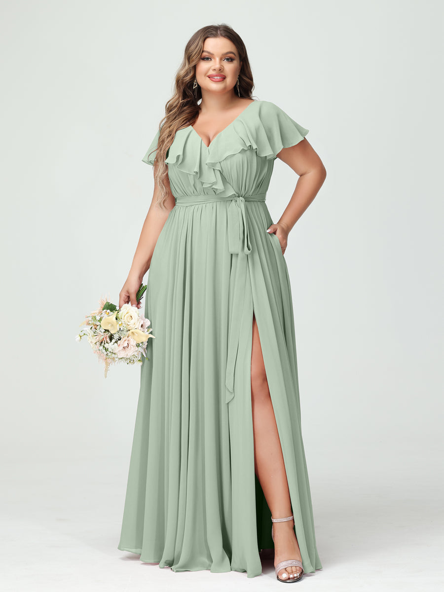 A-Line/Princess V-Neck Short Sleeves Chiffon Ruffles Plus Size Bridesmaid Dresses With Pockets - 画像 (10)