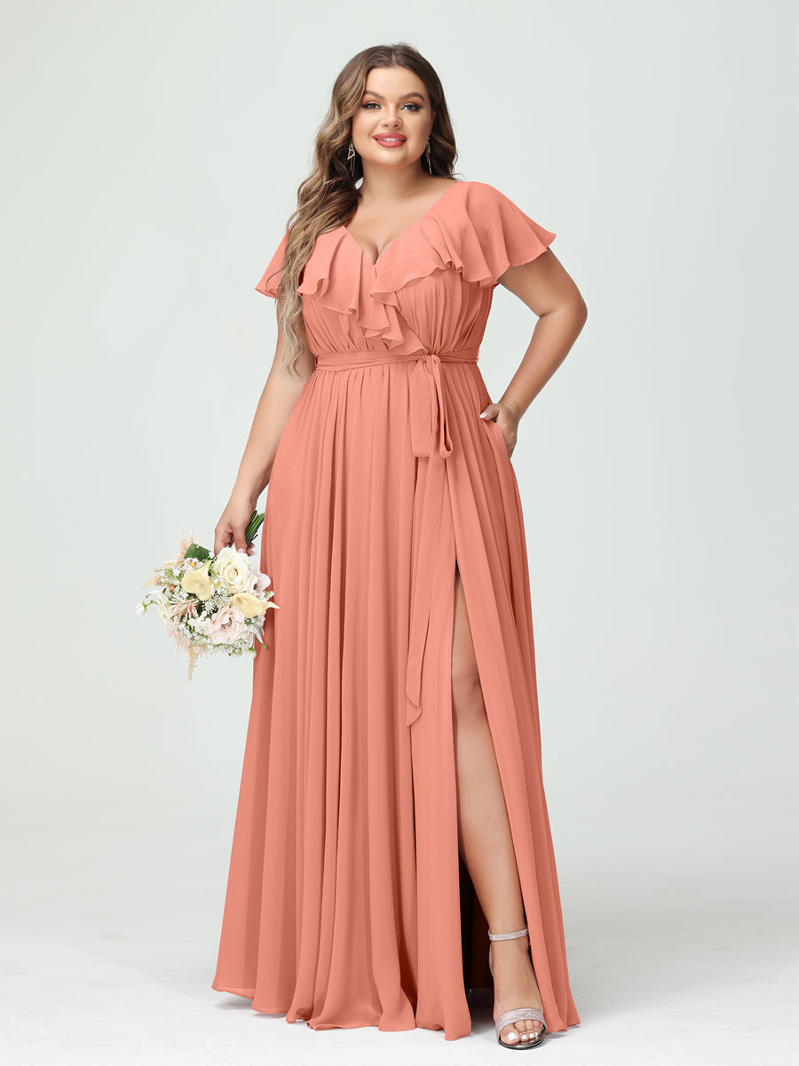 A-Line/Princess V-Neck Short Sleeves Chiffon Ruffles Plus Size Bridesmaid Dresses With Pockets - 画像 (15)