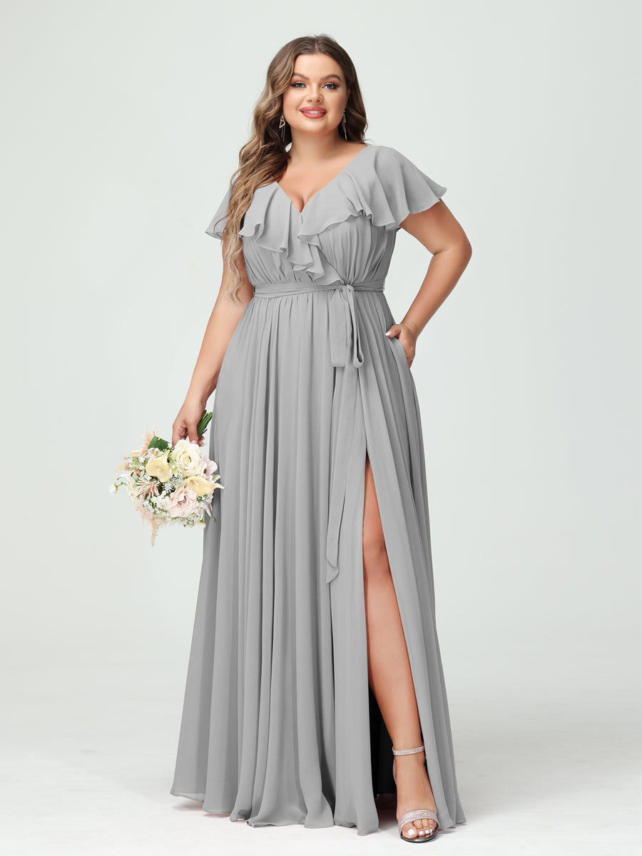 A-Line/Princess V-Neck Short Sleeves Chiffon Ruffles Plus Size Bridesmaid Dresses With Pockets - 画像 (22)