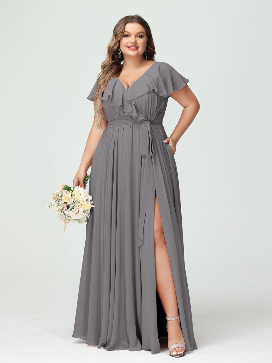 A-Line/Princess V-Neck Short Sleeves Chiffon Ruffles Plus Size Bridesmaid Dresses With Pockets - 画像 (74)