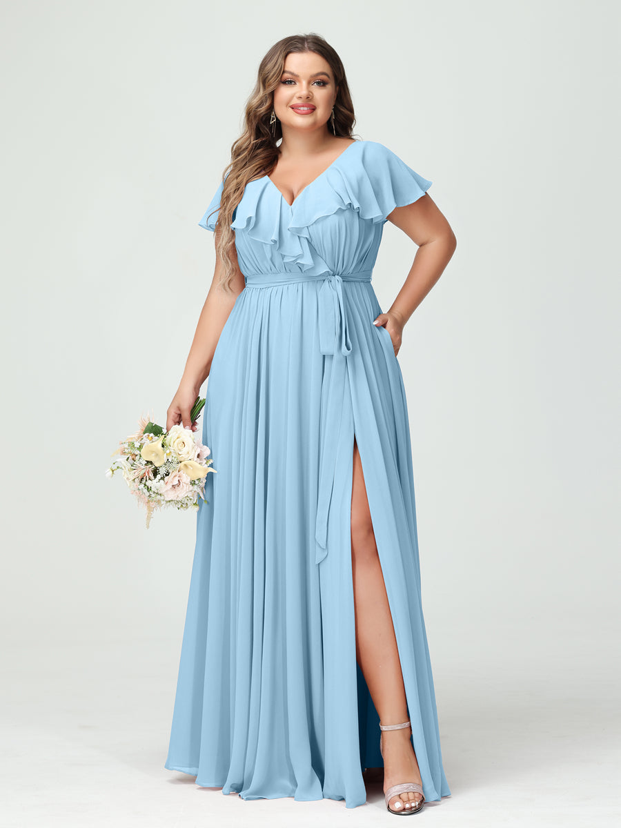A-Line/Princess V-Neck Short Sleeves Chiffon Ruffles Plus Size Bridesmaid Dresses With Pockets - 画像 (50)