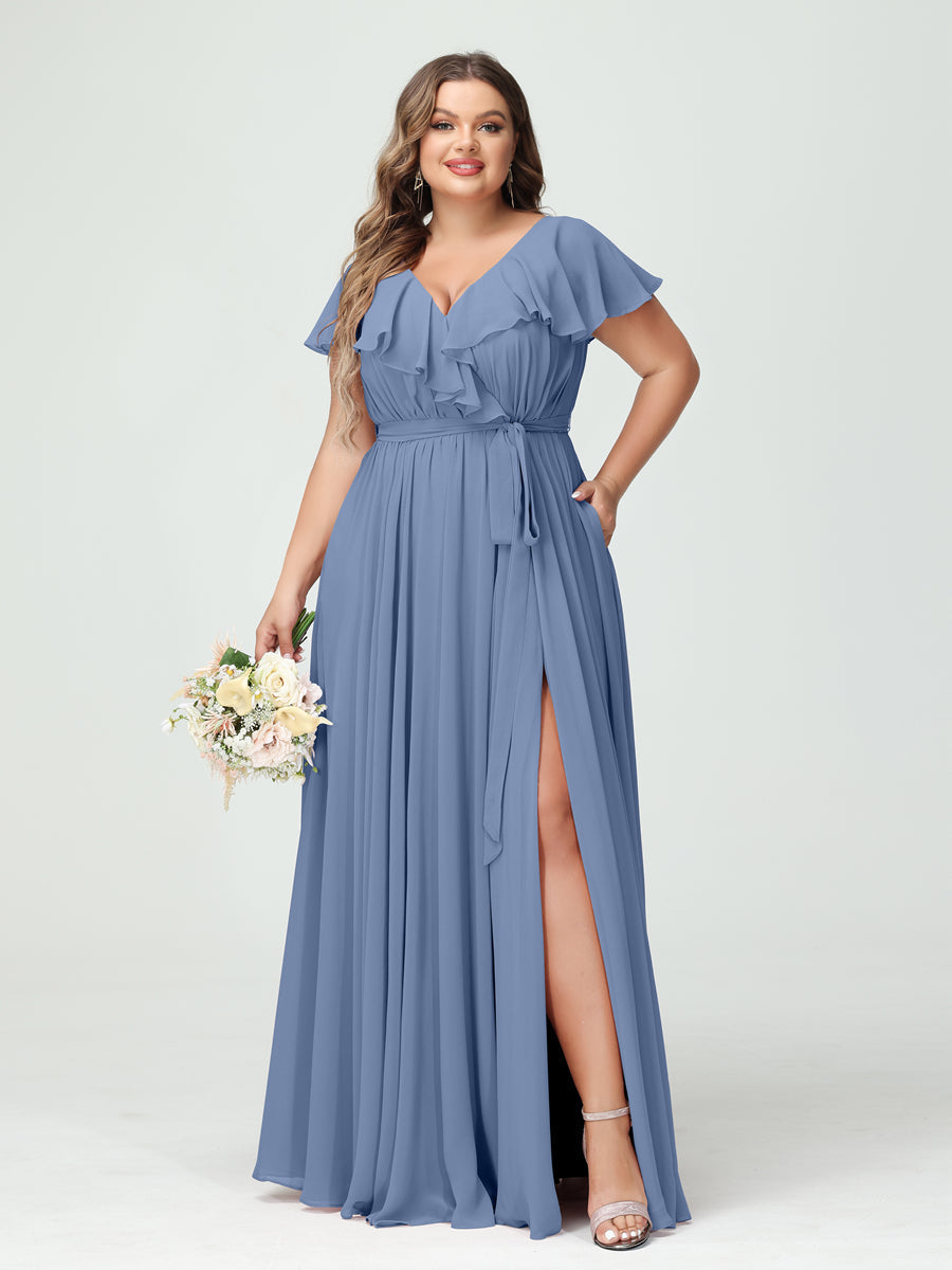 A-Line/Princess V-Neck Short Sleeves Chiffon Ruffles Plus Size Bridesmaid Dresses With Pockets - 画像 (51)