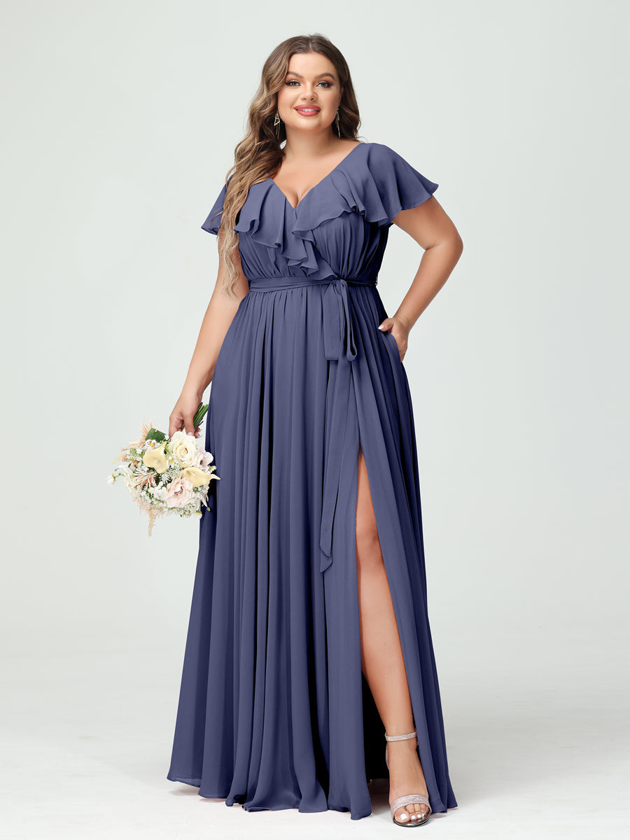 A-Line/Princess V-Neck Short Sleeves Chiffon Ruffles Plus Size Bridesmaid Dresses With Pockets - 画像 (57)