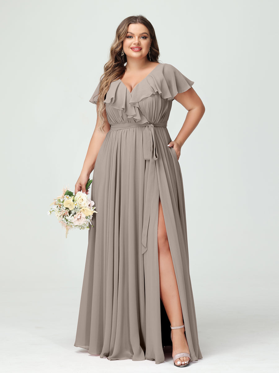 A-Line/Princess V-Neck Short Sleeves Chiffon Ruffles Plus Size Bridesmaid Dresses With Pockets - 画像 (73)