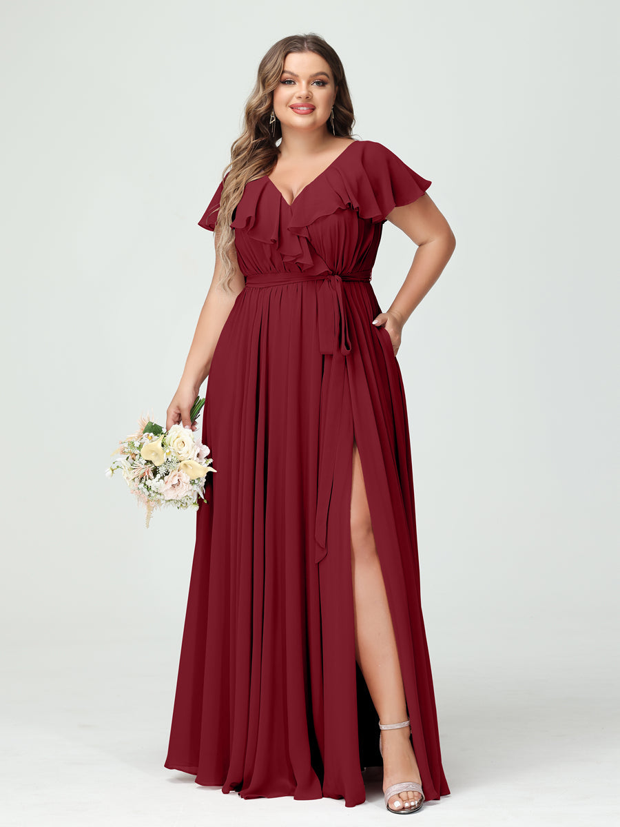 A-Line/Princess V-Neck Short Sleeves Chiffon Ruffles Plus Size Bridesmaid Dresses With Pockets - 画像 (37)