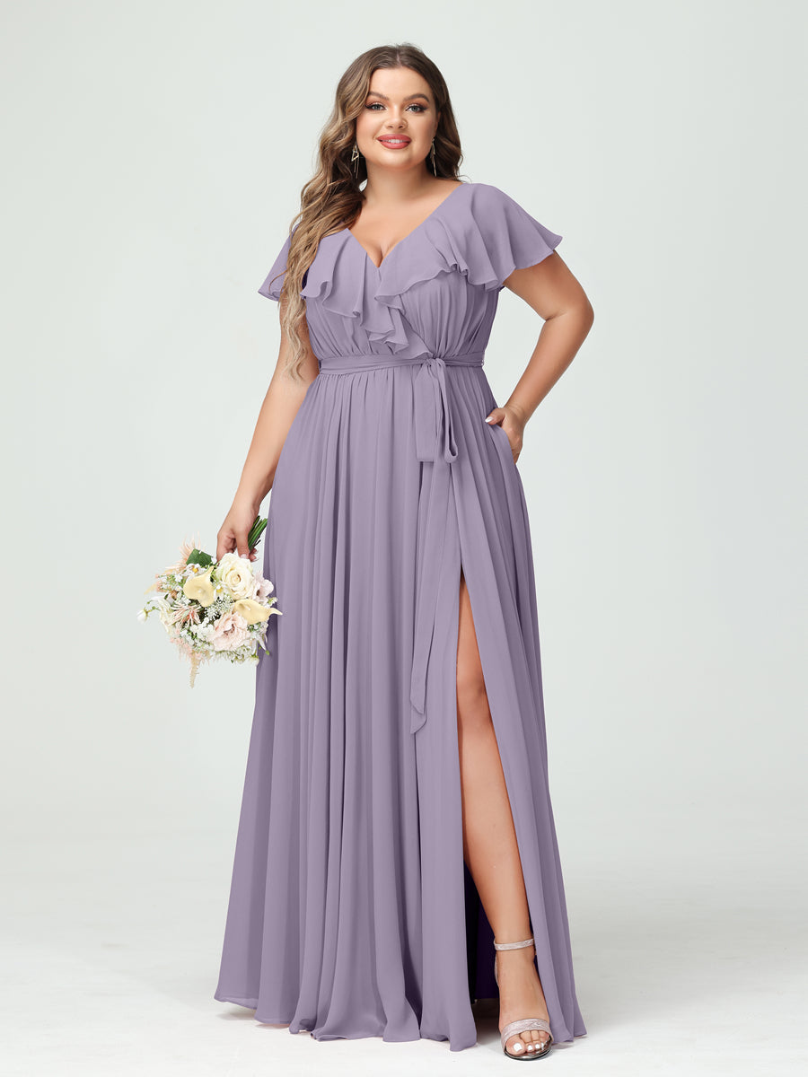 A-Line/Princess V-Neck Short Sleeves Chiffon Ruffles Plus Size Bridesmaid Dresses With Pockets - 画像 (39)