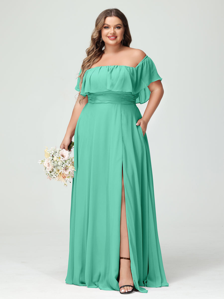 A-Line/Princess Off-the-Shoulder Short Sleeves Chiffon Split Side Plus Size Bridesmaid Dresses with Pockets - 이미지 62