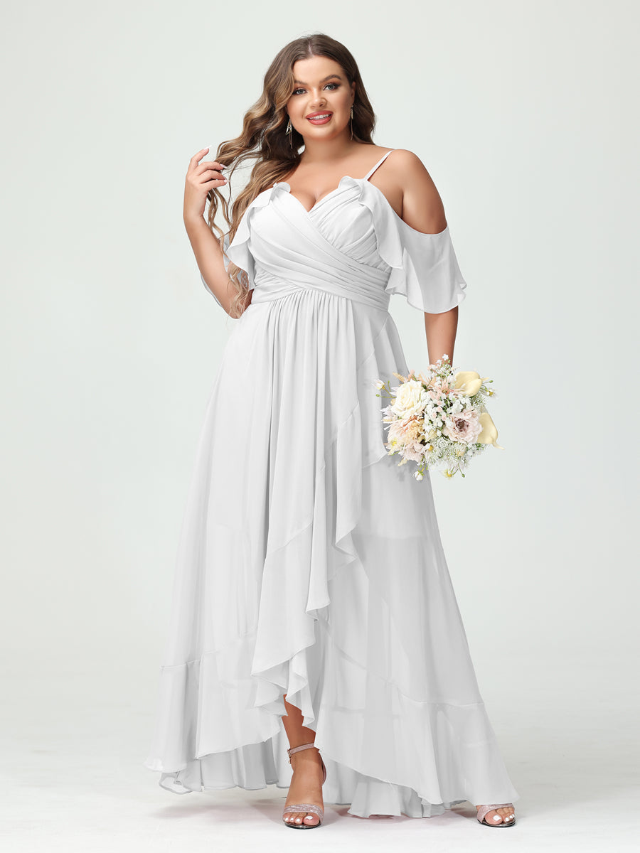 A-Line/Princess Spaghetti Straps V-Neck Short Sleeves Chiffon Ruffles Asymmetrical Plus Size Bridesmaid Dresses - 이미지 20