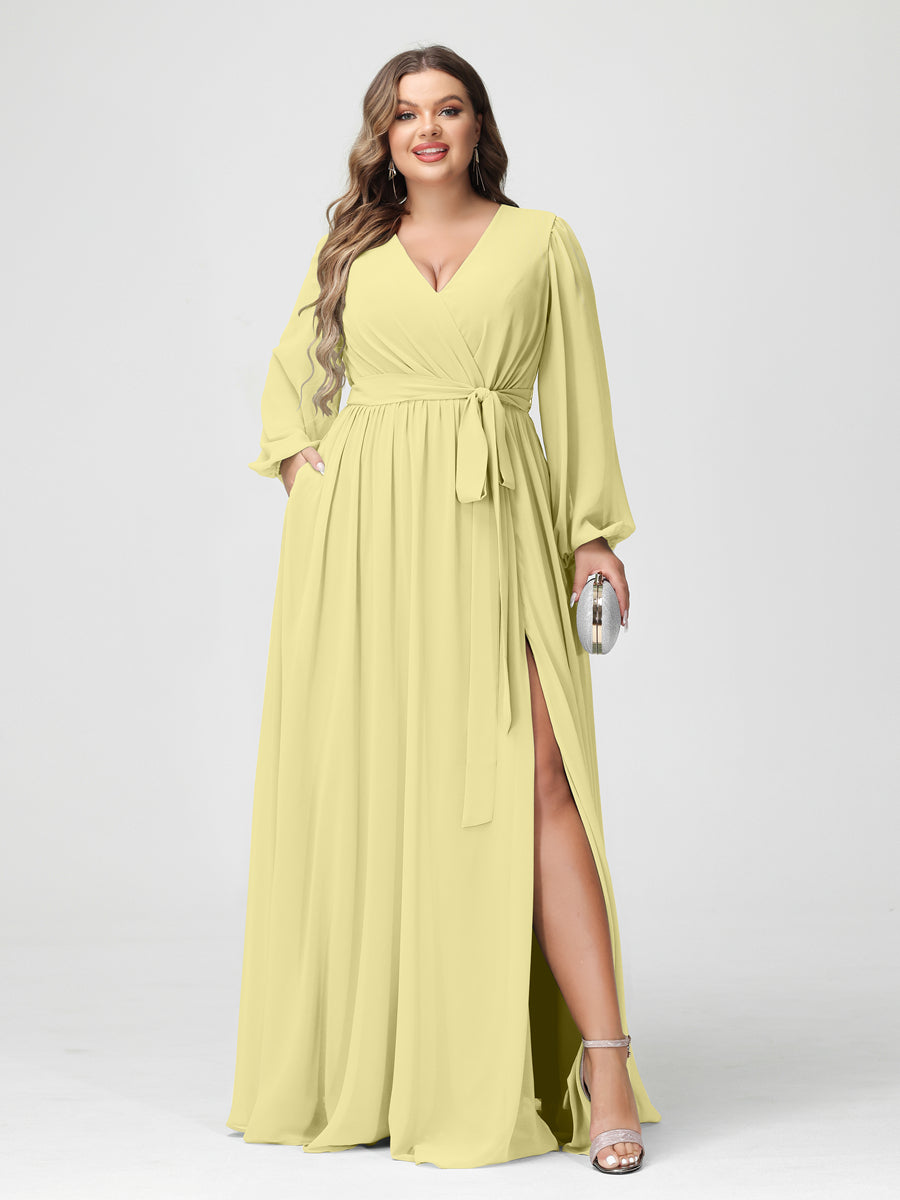 A-Line/Princess V-Neck Long Sleeves Chiffon Plus Size Bridesmaid Dresses with Pockets - Image 69