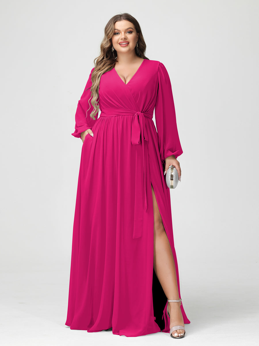 A-Line/Princess V-Neck Long Sleeves Chiffon Plus Size Bridesmaid Dresses with Pockets - Image 34