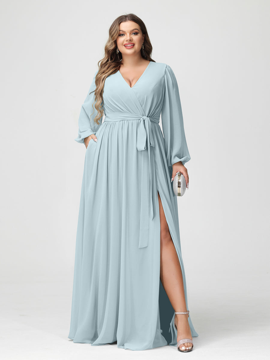 A-Line/Princess V-Neck Long Sleeves Chiffon Plus Size Bridesmaid Dresses with Pockets - Image 47
