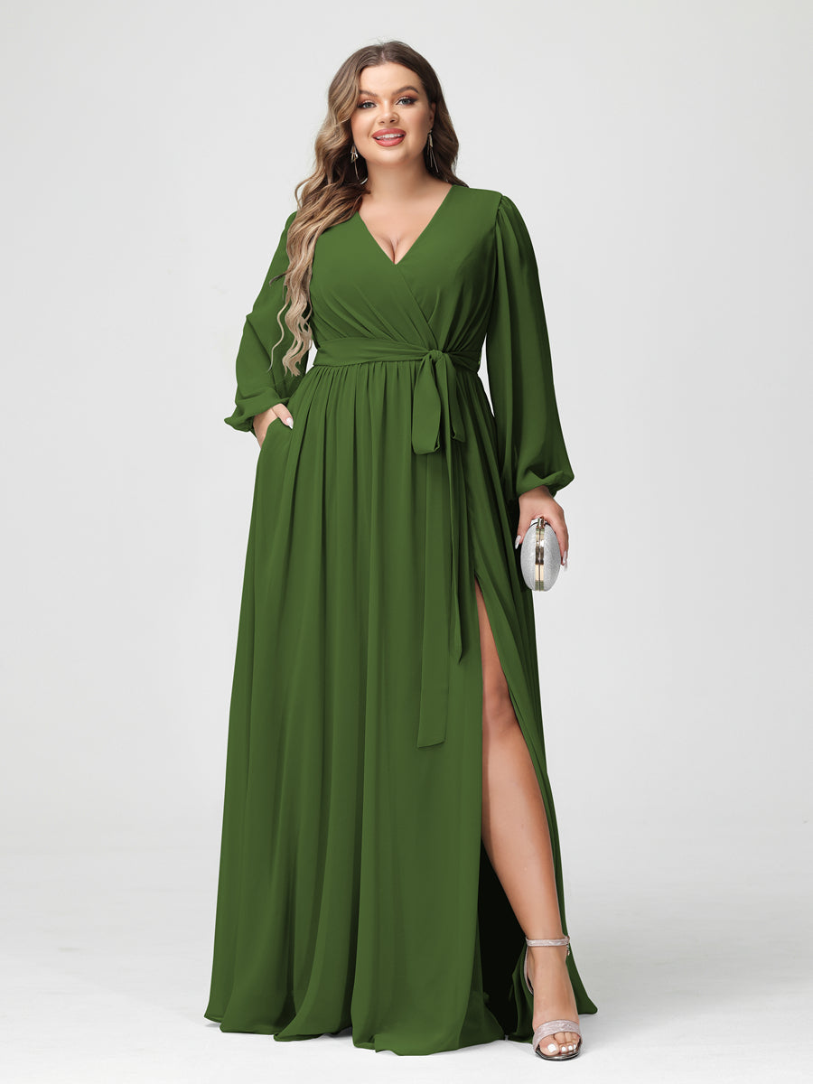 A-Line/Princess V-Neck Long Sleeves Chiffon Plus Size Bridesmaid Dresses with Pockets - Image 65