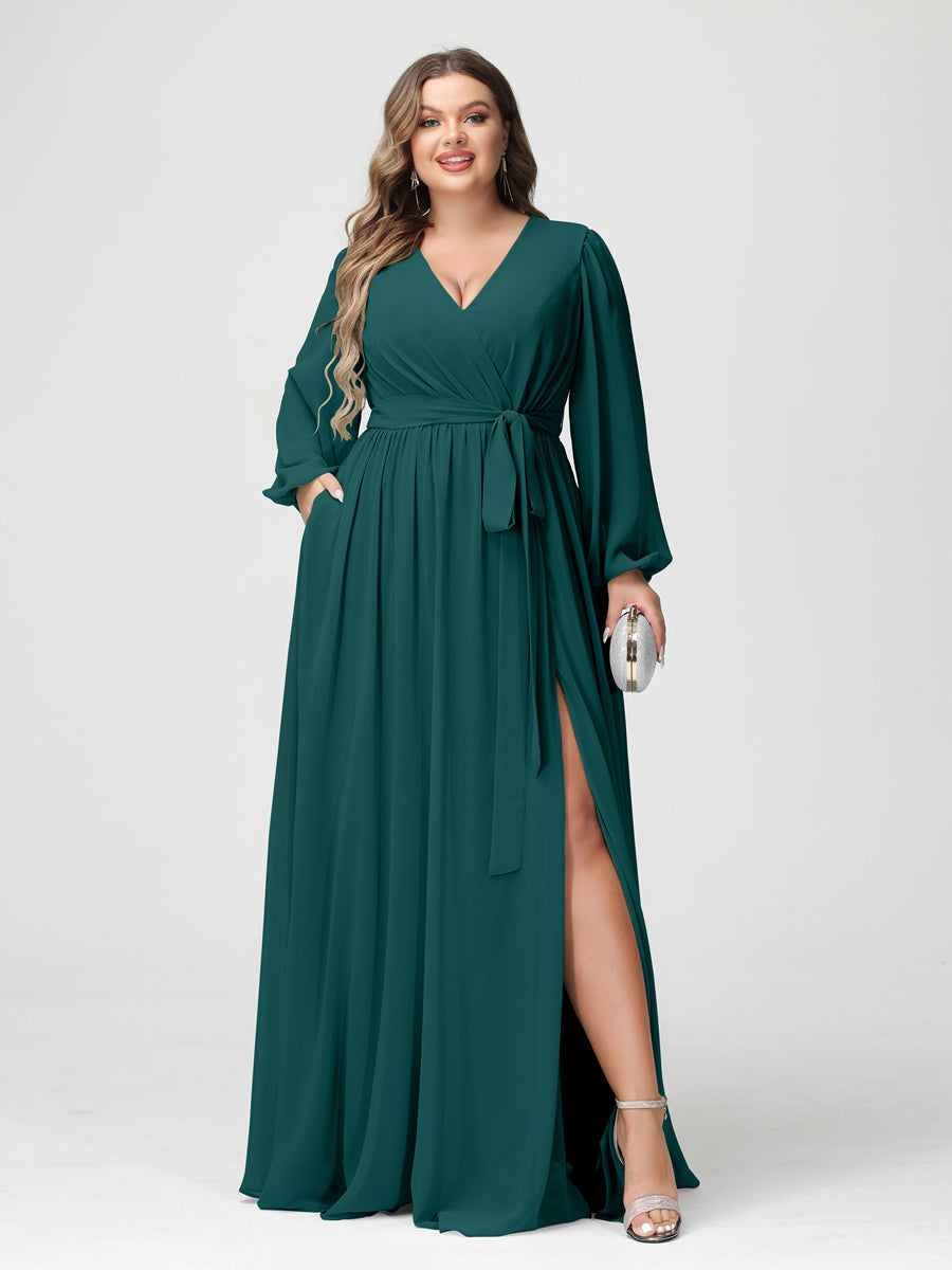 A-Line/Princess V-Neck Long Sleeves Chiffon Plus Size Bridesmaid Dresses with Pockets - Image 66
