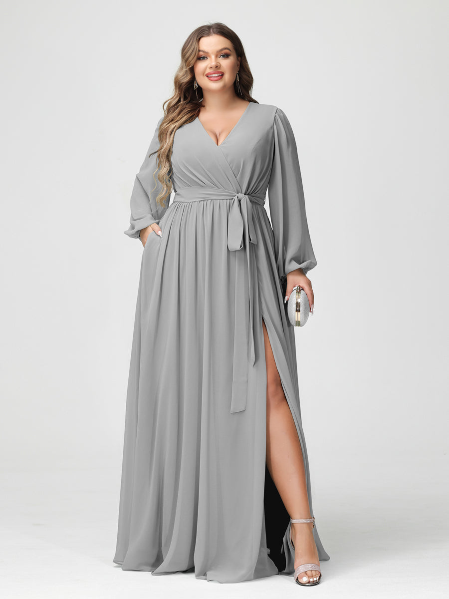 A-Line/Princess V-Neck Long Sleeves Chiffon Plus Size Bridesmaid Dresses with Pockets - Image 22